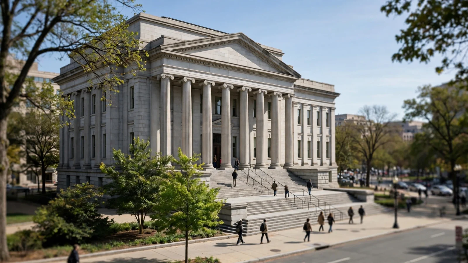 Exterior of a neoclassical stone courthouse with tall columns and people walking on the front steps on a clear day