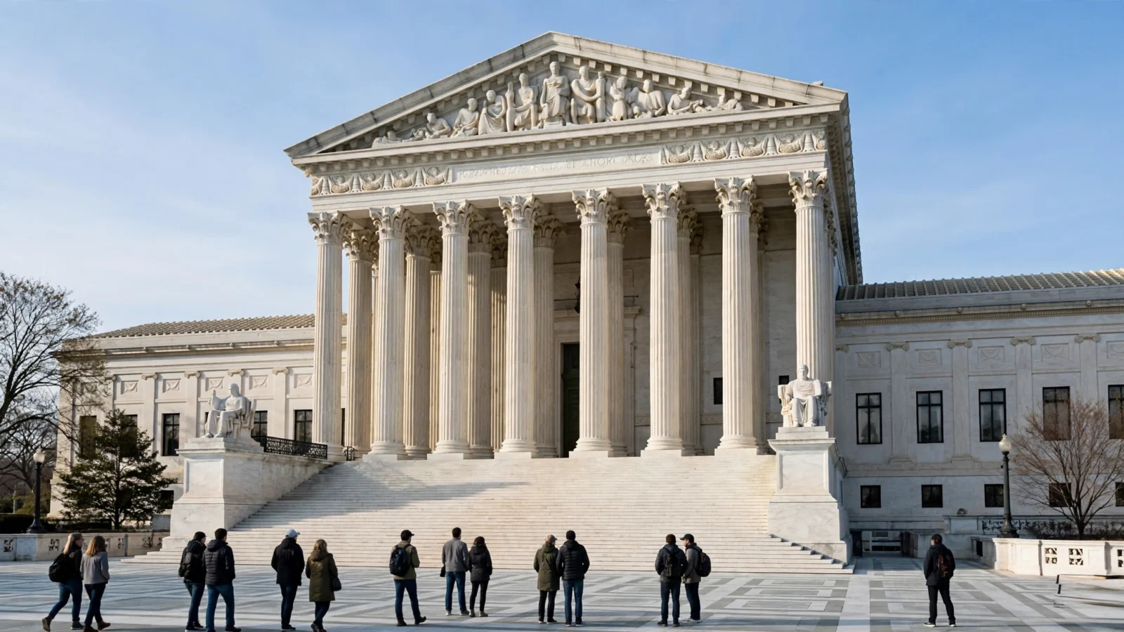 The facade of the U.S. Supreme Court building with visitors gathered on the plaza.
