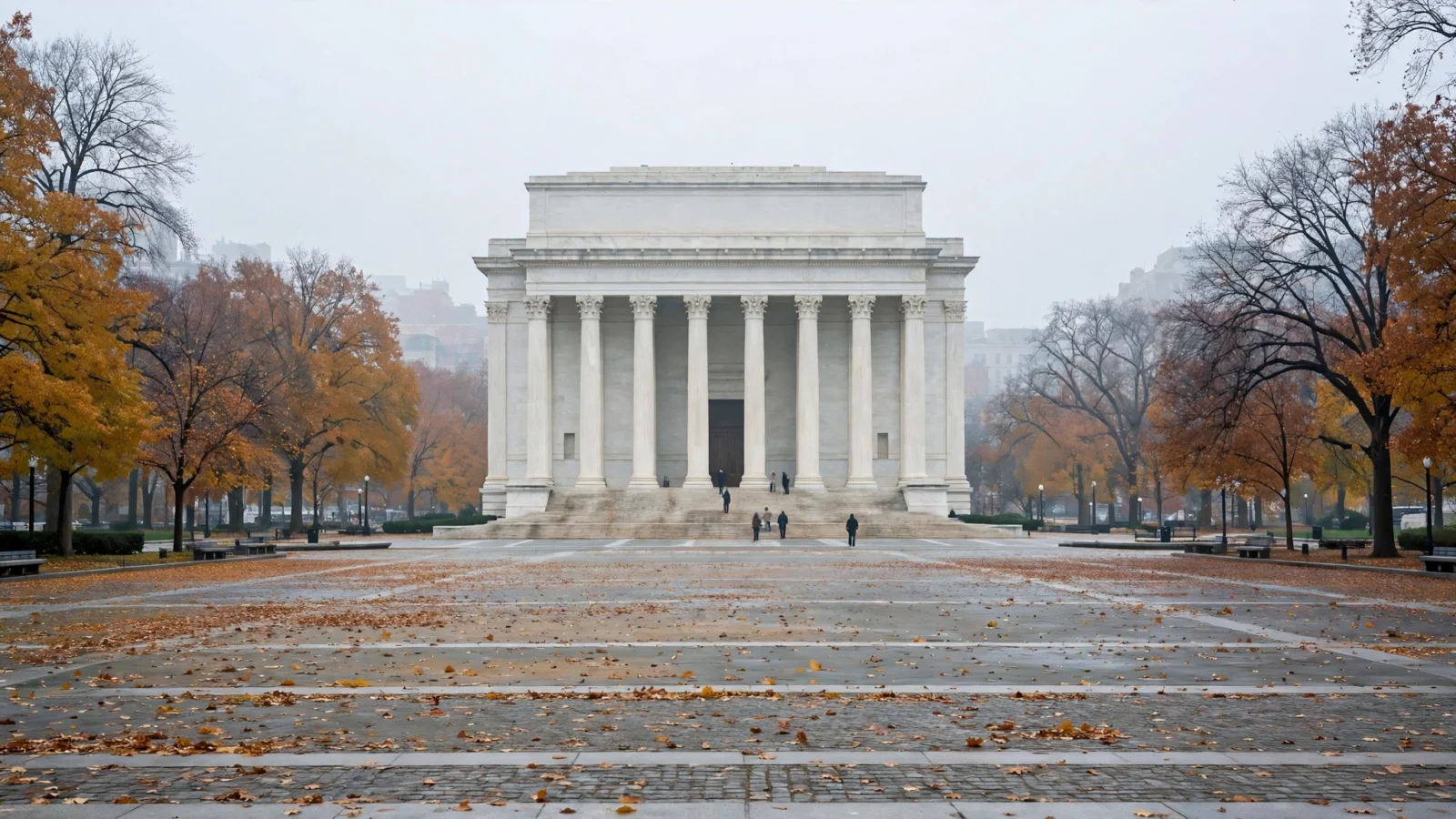 Marble courthouse with tall columns and wide steps on an autumn morning, fallen leaves on the plaza