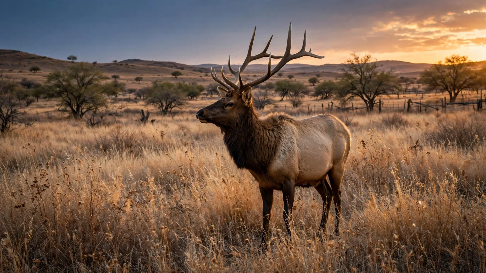An elk standing in tall dry grass on a ranch at dusk in West Texas