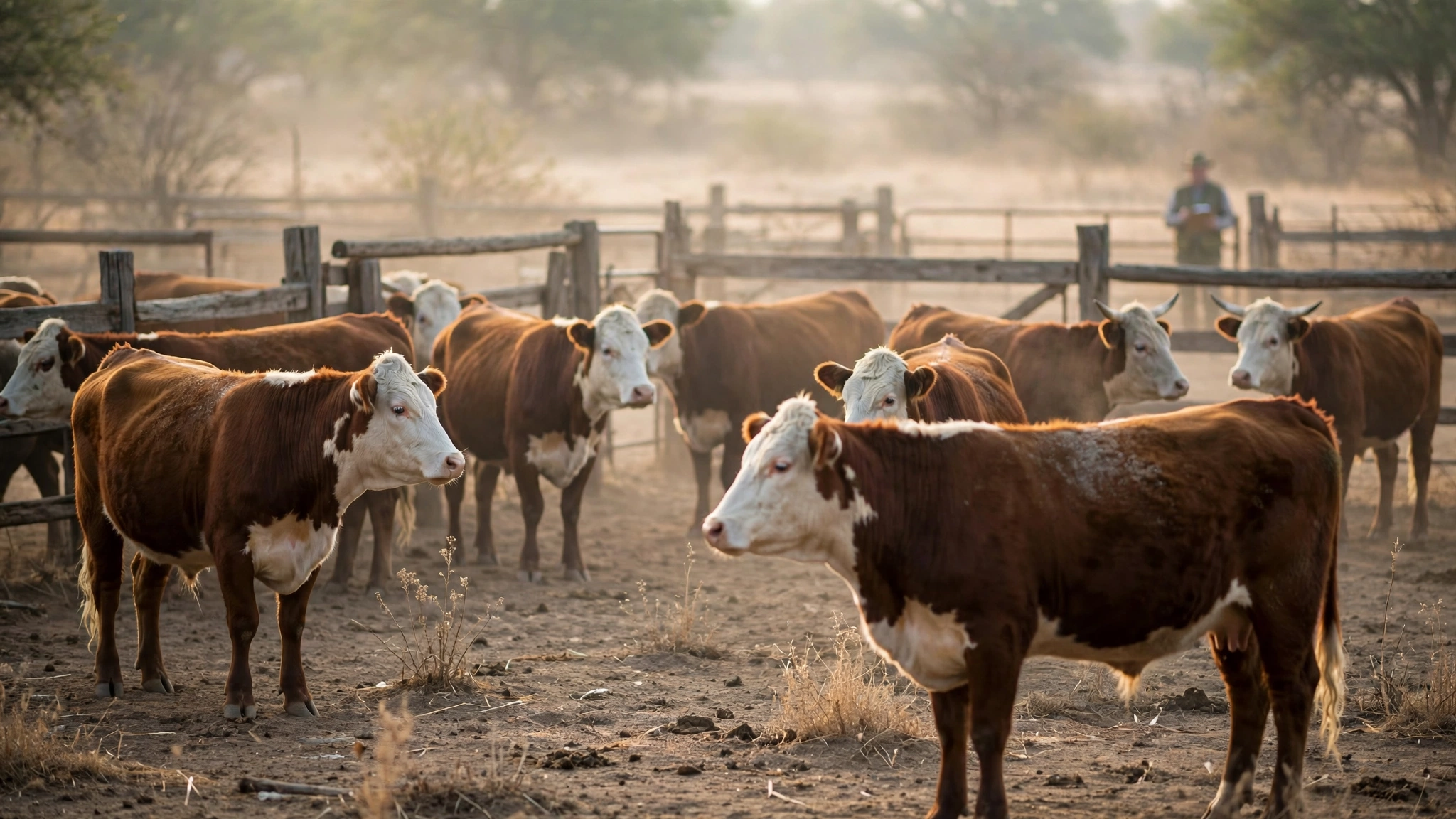 Cattle standing in a ranch pen with a livestock inspector in the distance