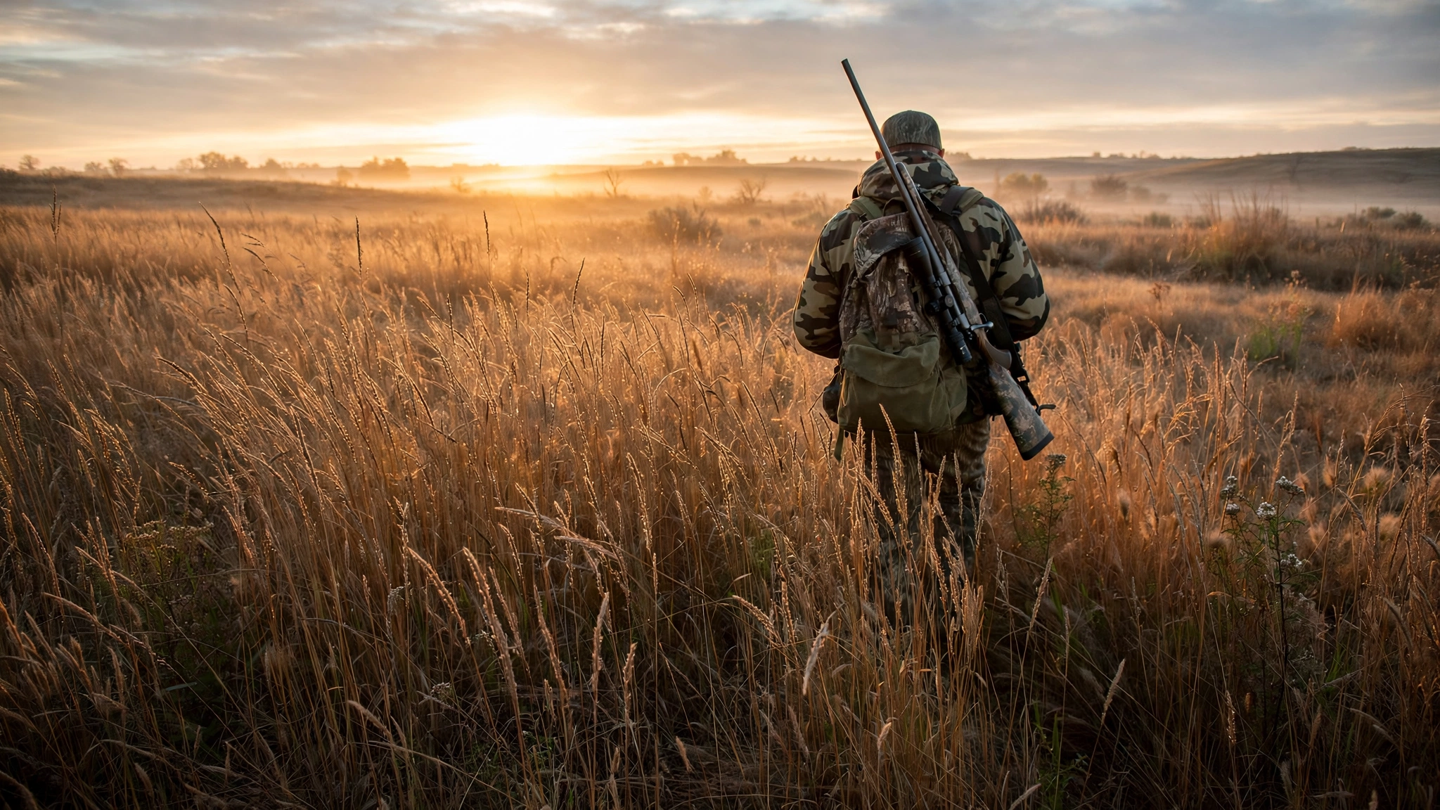A hunter in camouflage walking through tall grass at sunrise, seen from behind