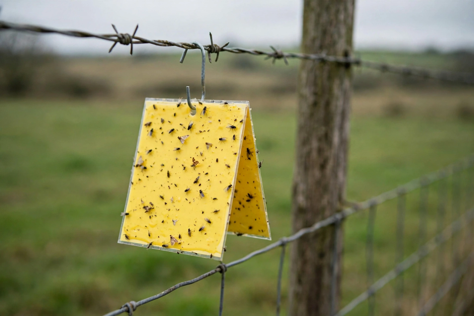 A yellow insect surveillance trap hanging on a wire ranch fence in a field
