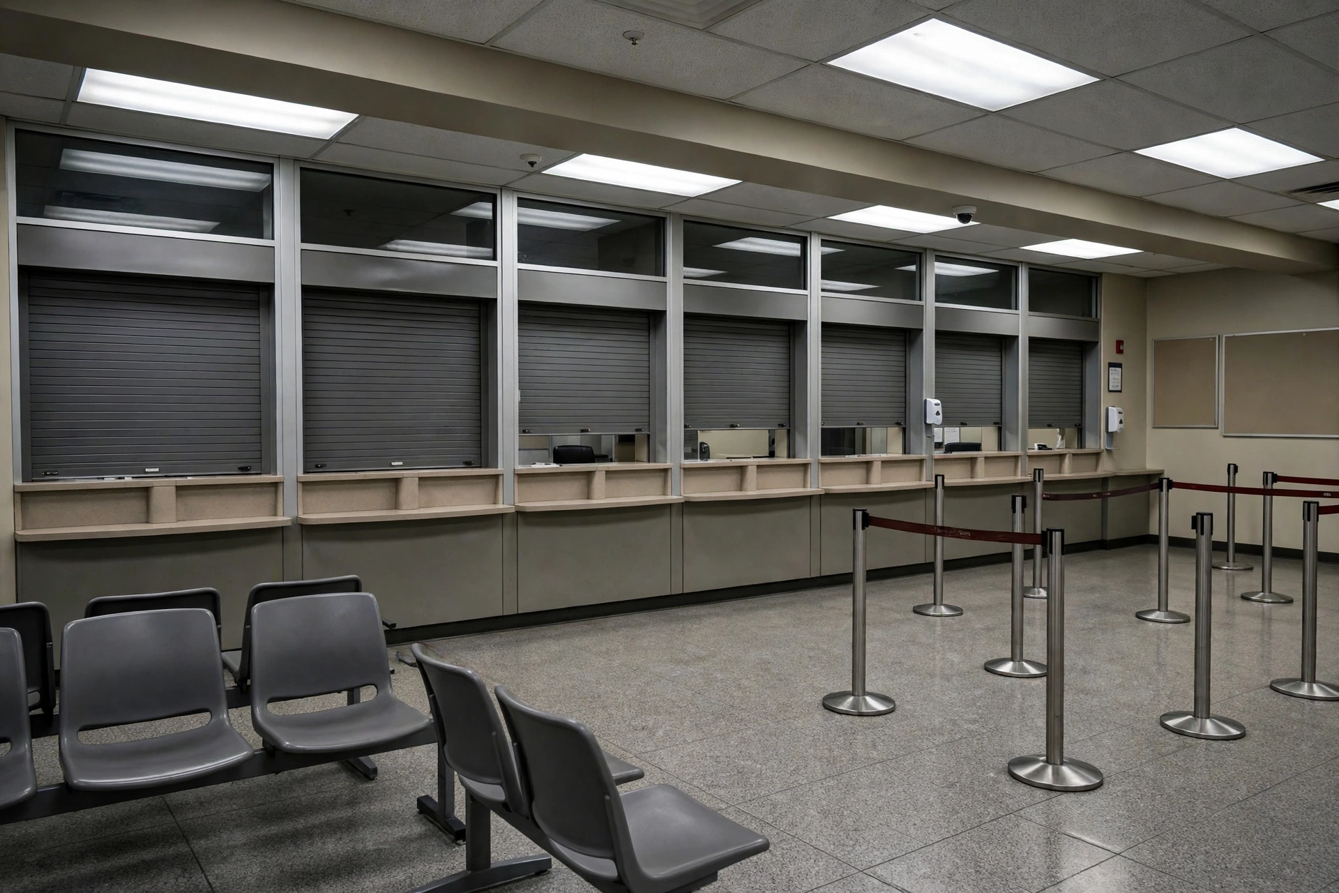 Closed service windows in an empty government motor vehicle office with rows of waiting chairs.