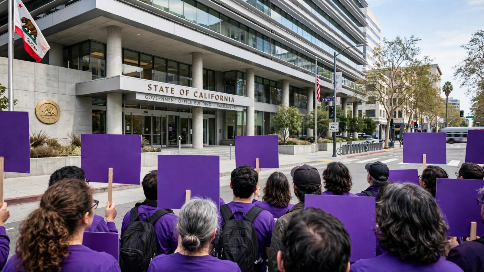 Demonstrators in purple shirts holding blank purple signs on a picket line outside a State of California government office building in Sacramento.