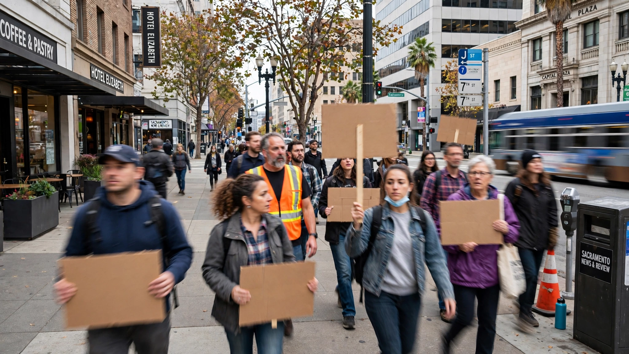 People carrying blank cardboard signs as they march along a downtown Sacramento sidewalk during a labor protest.