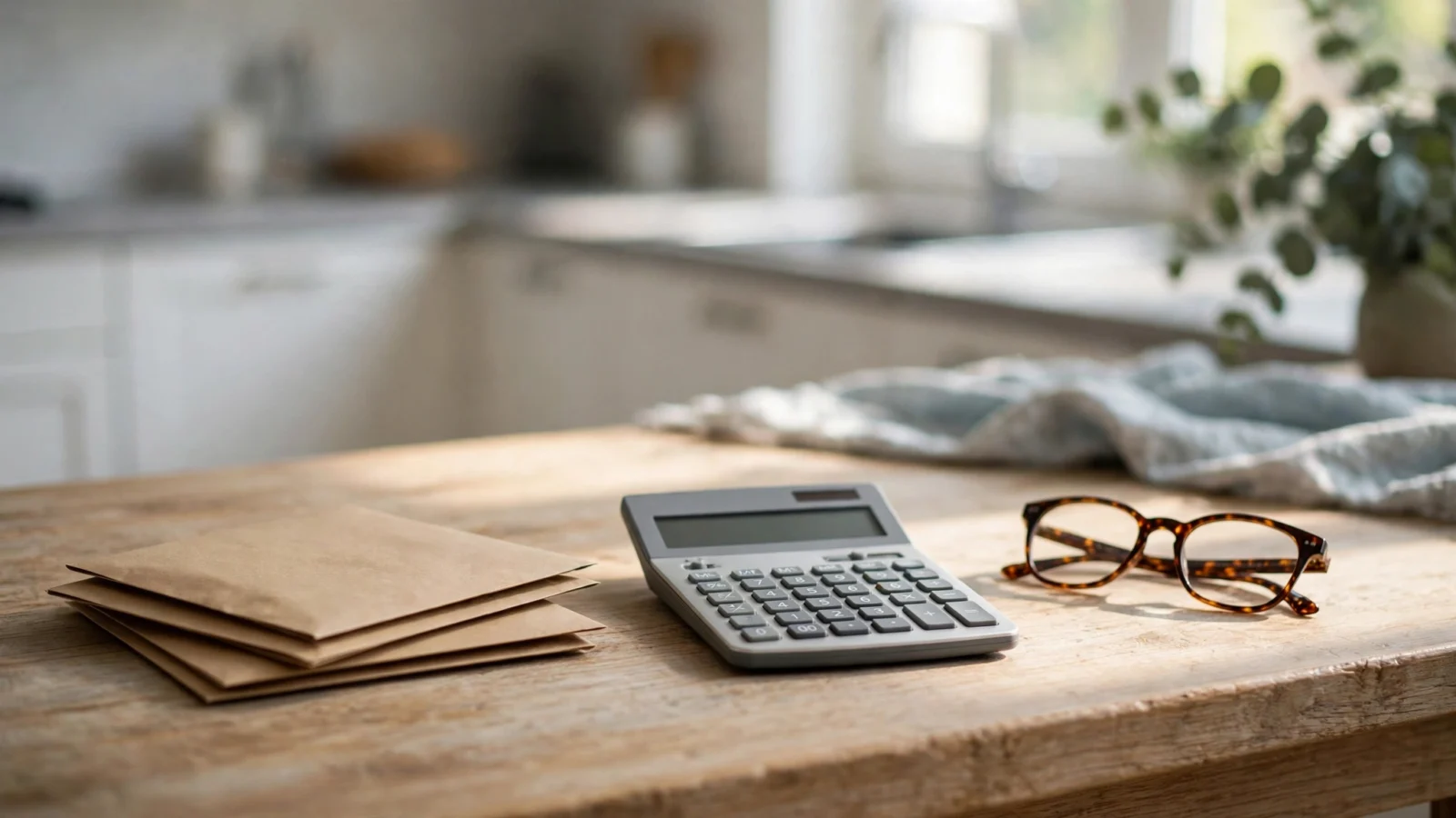 Envelopes, a calculator and eyeglasses on a wooden kitchen table in natural light