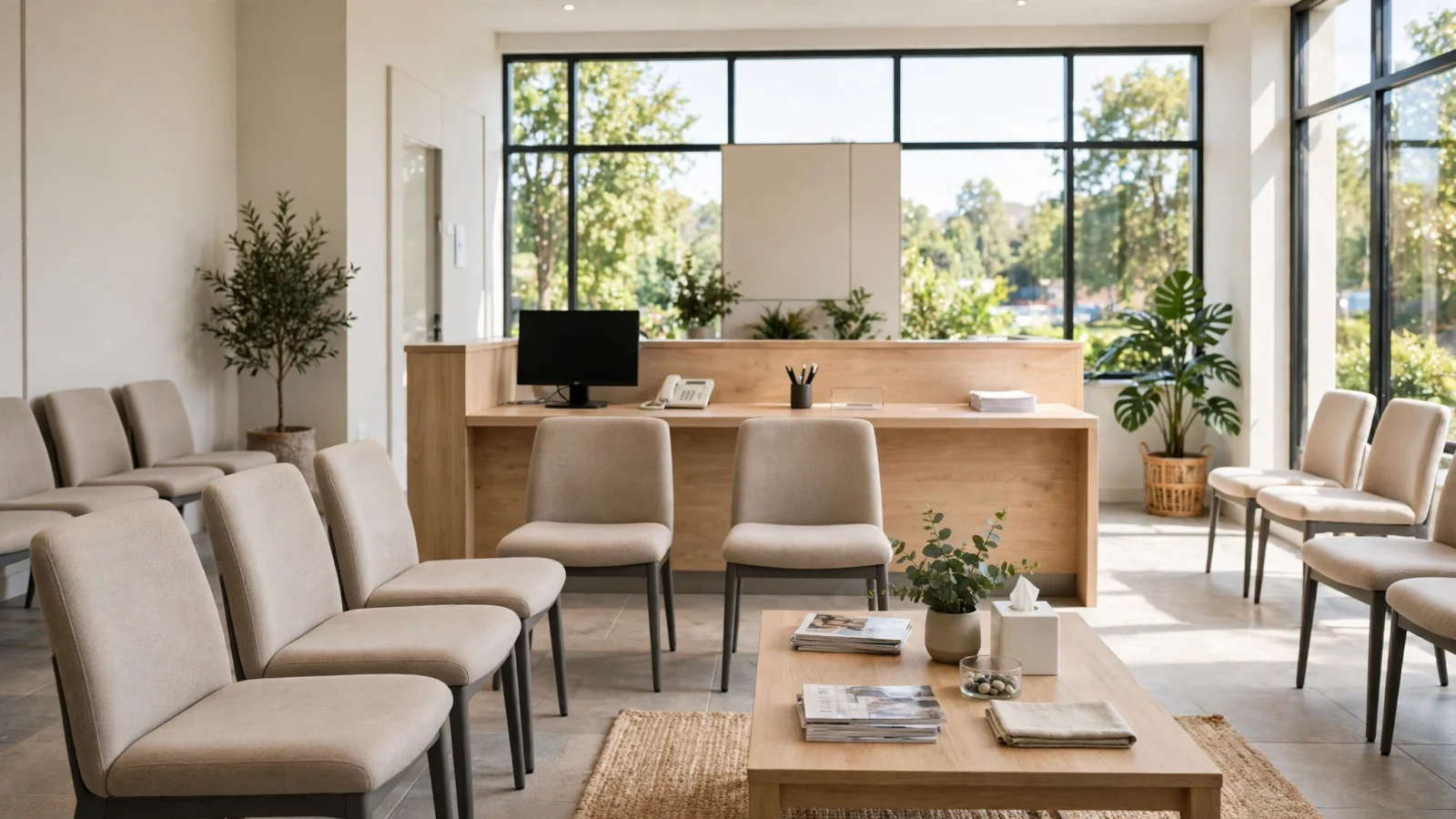 Empty chairs and a reception desk in a bright medical office waiting room