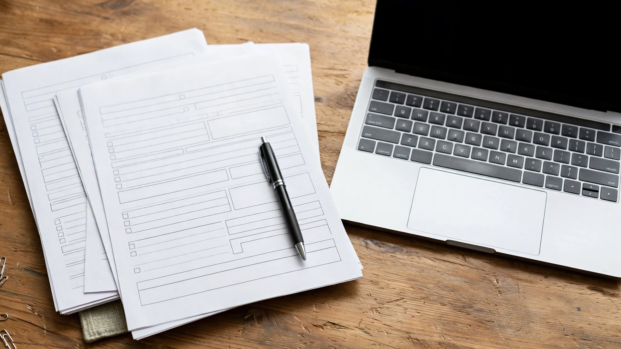 Blank application forms, a pen, and a laptop on a wooden desk