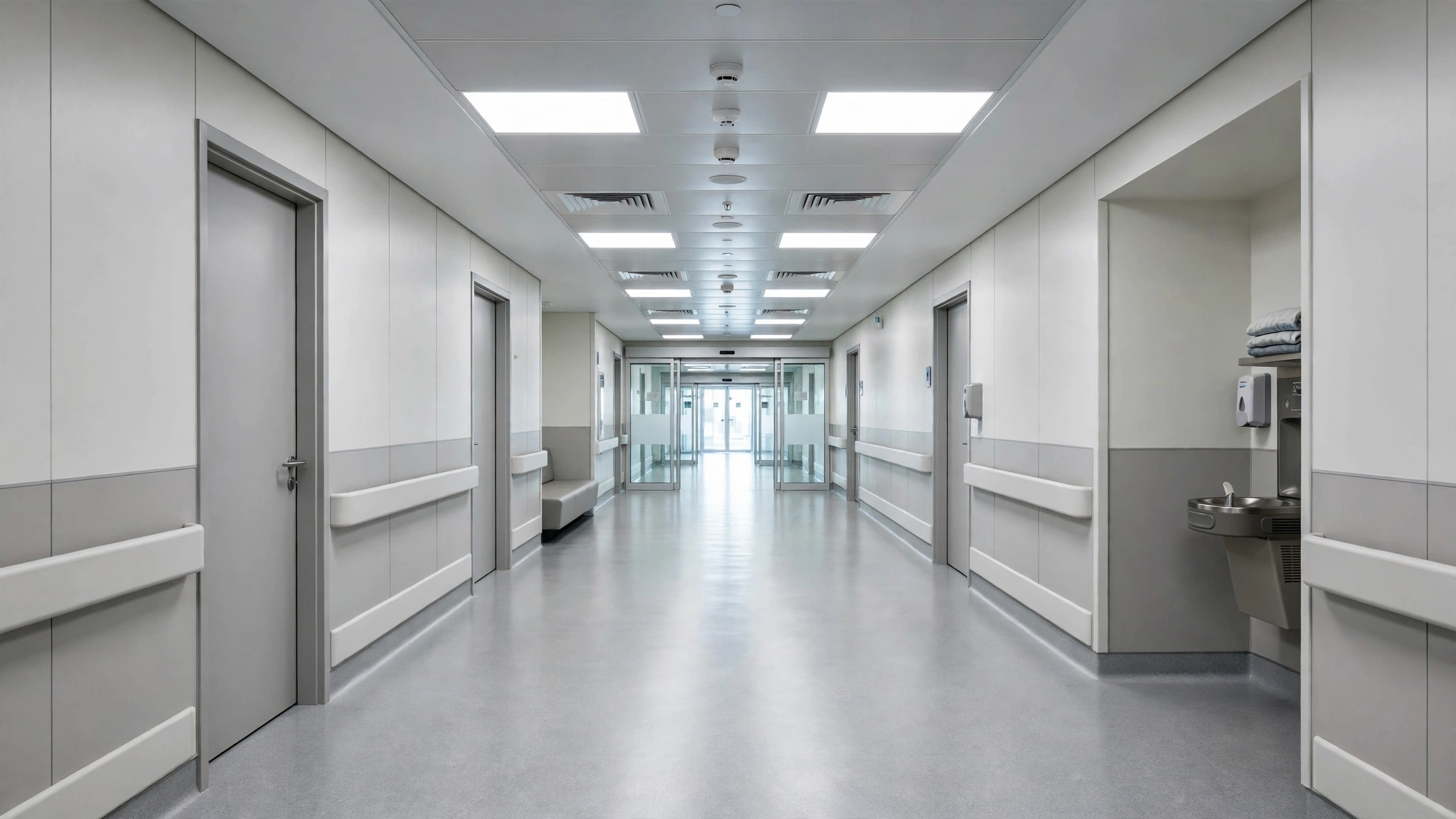 An empty bright hospital corridor with doors and handrails
