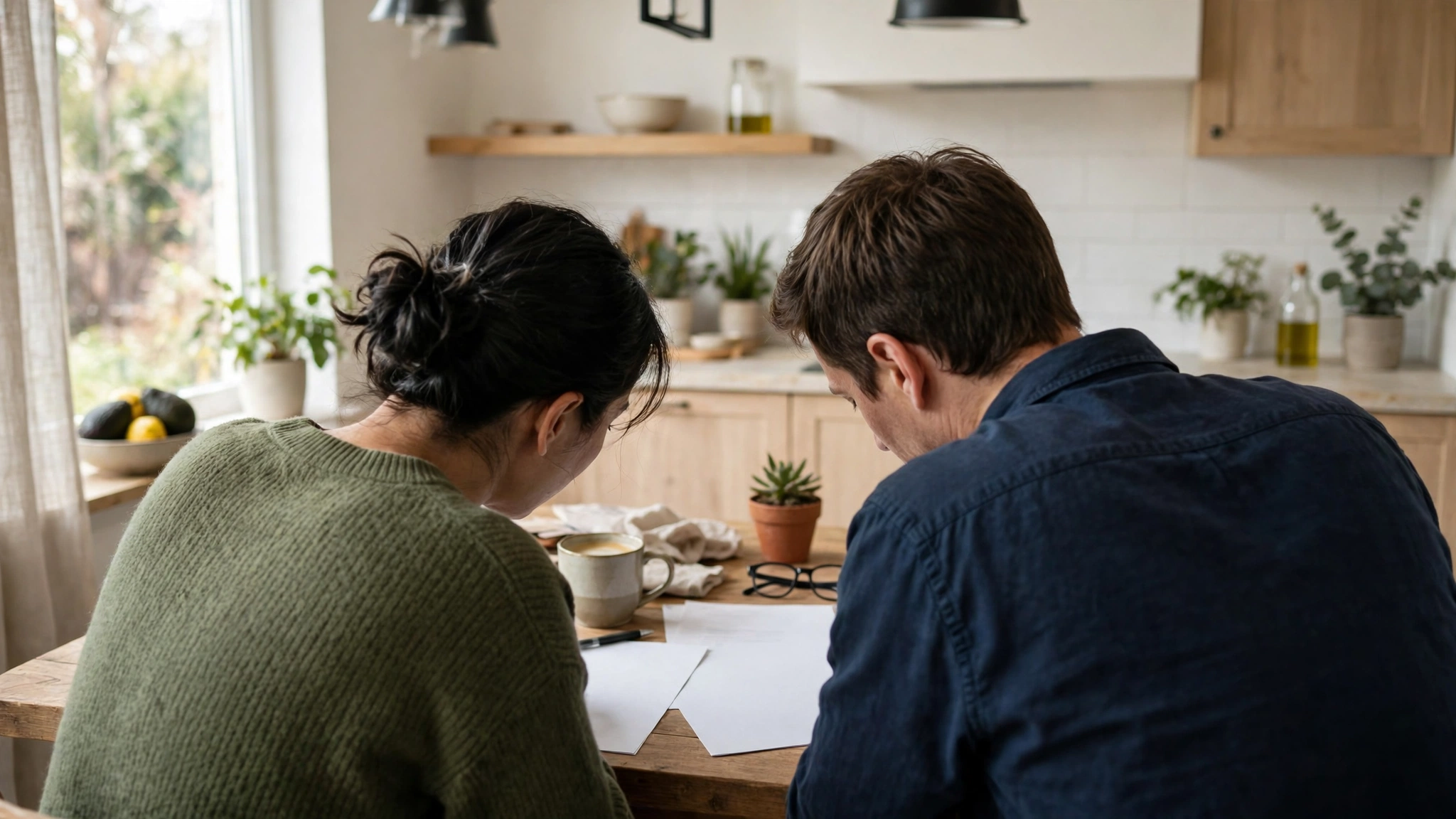 Two people seen from behind reviewing papers at a kitchen table