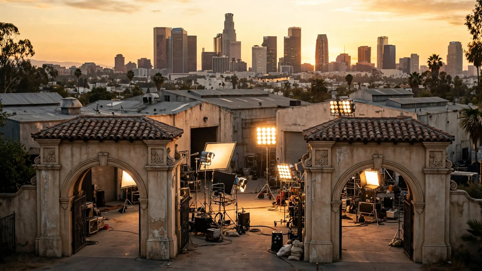 Historic film studio gates and soundstages with production lights at sunset, with the Los Angeles skyline in the background