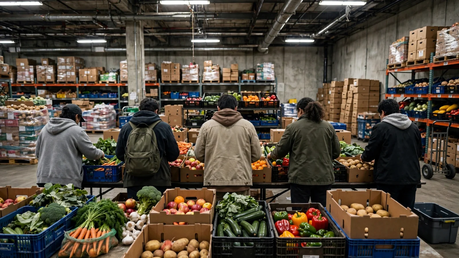 Volunteers with their backs to the camera sorting boxes of fresh produce inside a food bank warehouse