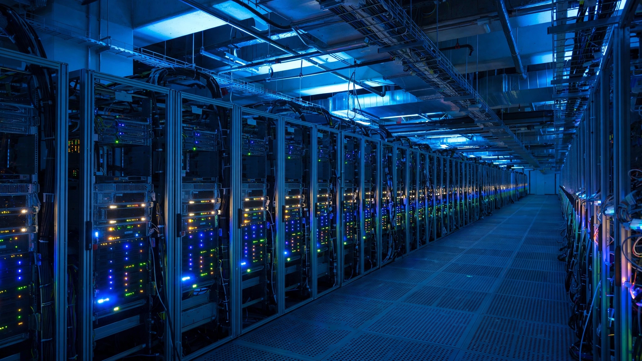 Rows of server racks with blinking lights inside a large data center