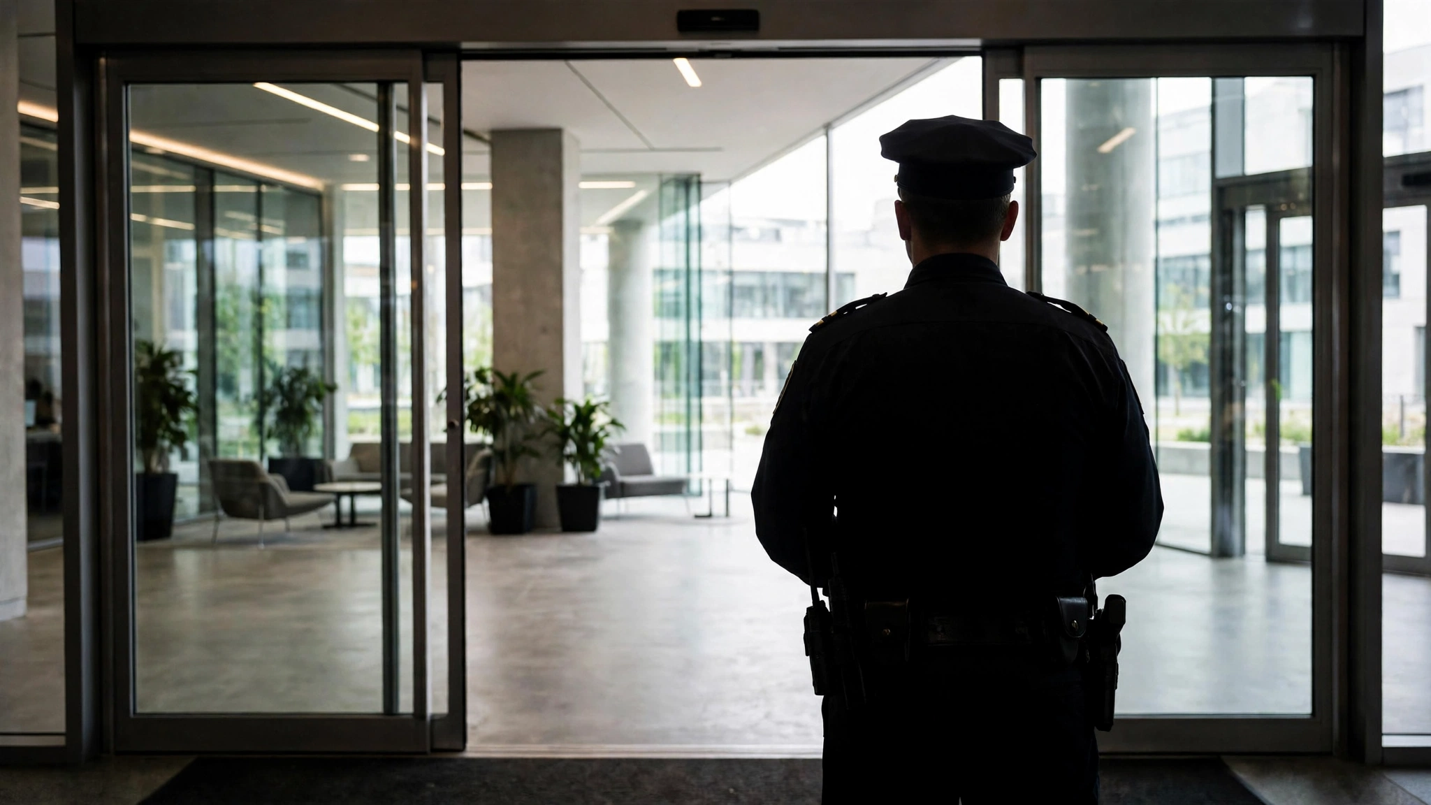 A uniformed security guard seen from behind at the entrance of a modern office building lobby