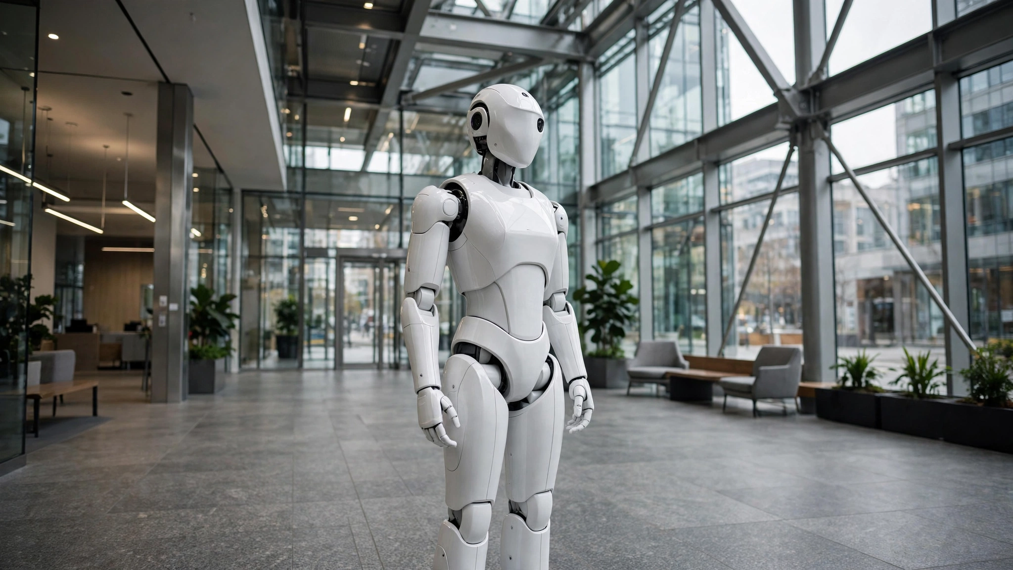 A white humanoid robot standing in a modern office building lobby