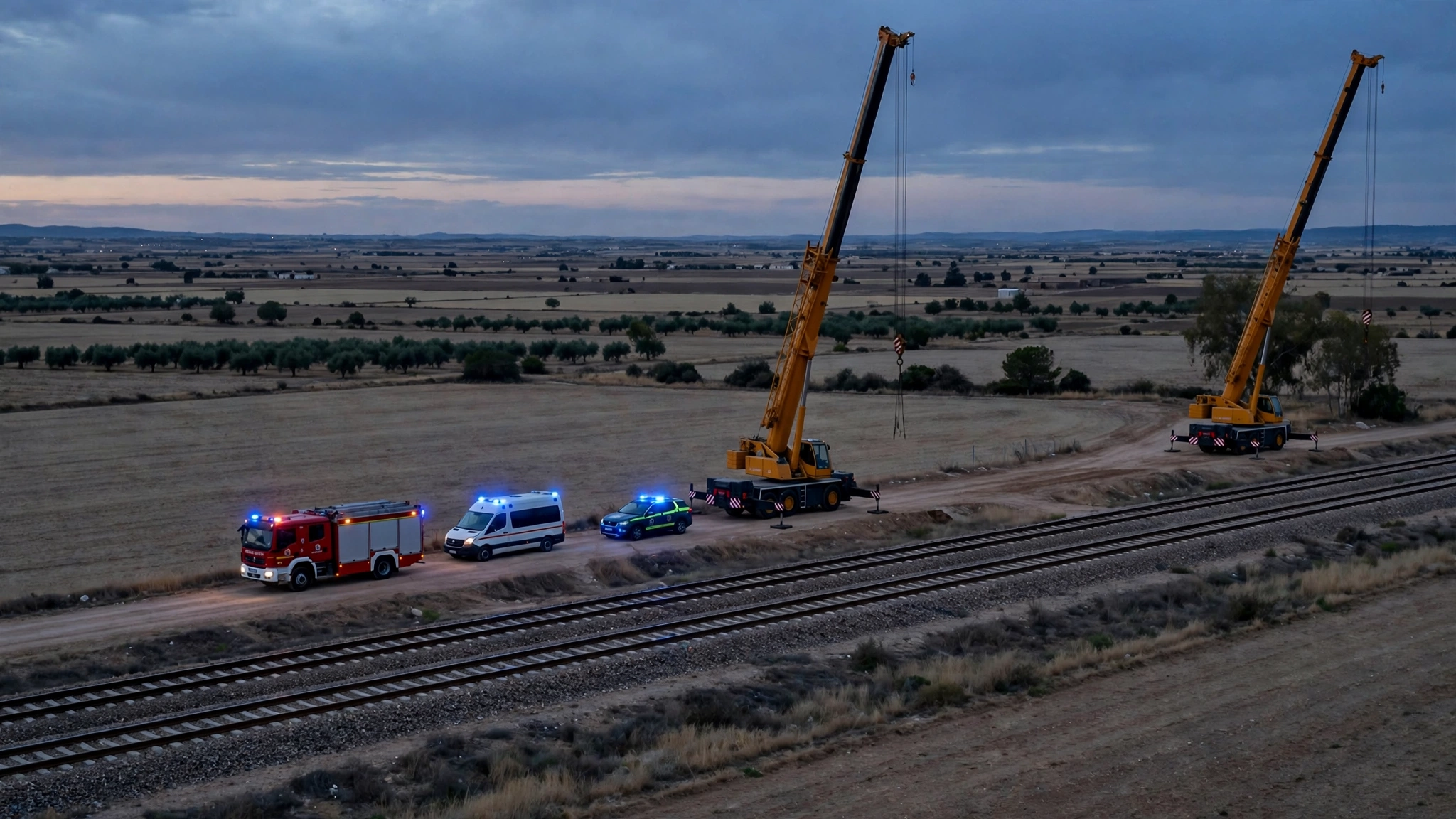 Cranes and emergency vehicles beside railway tracks in flat countryside at dusk