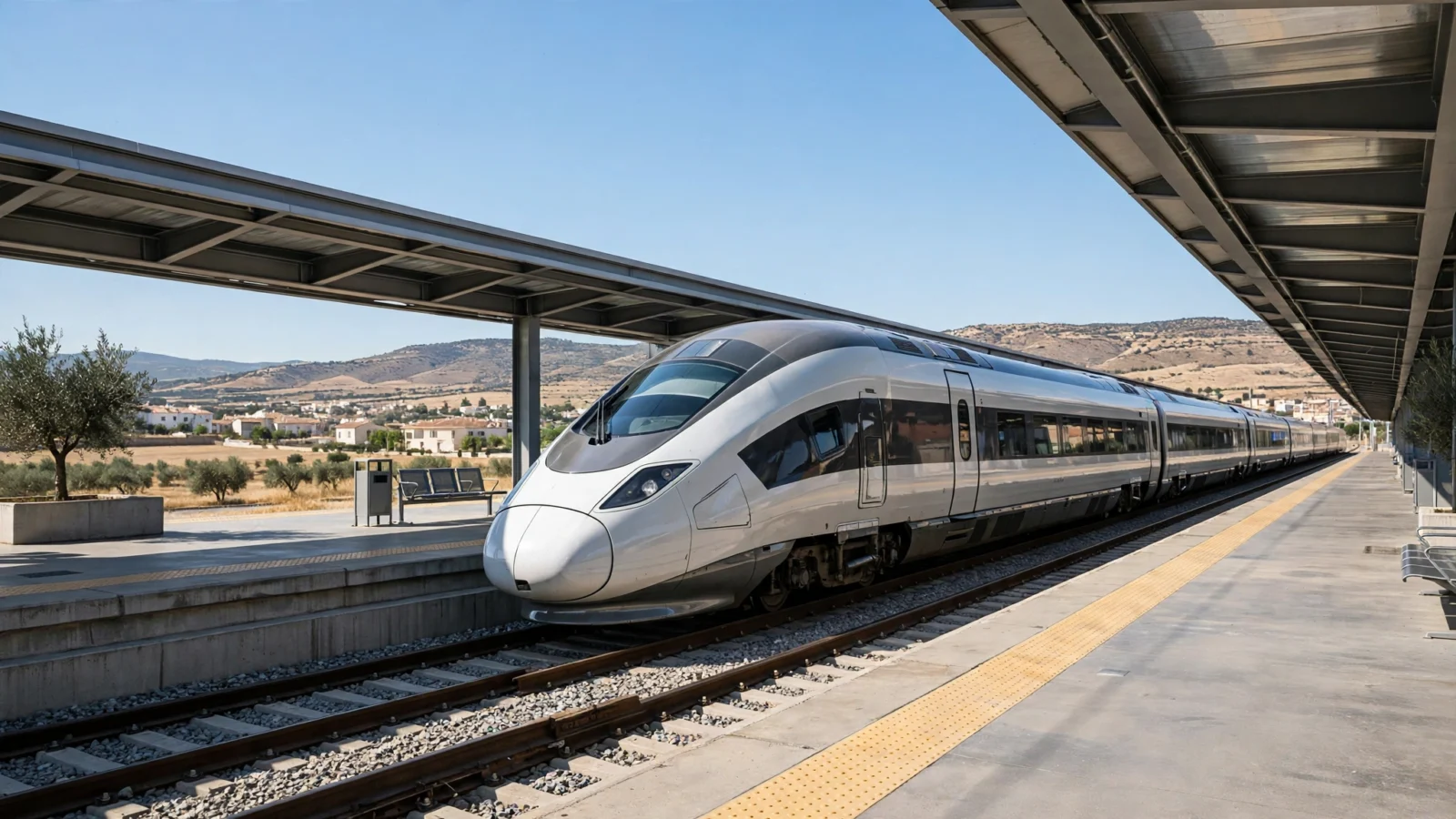 A silver high-speed train standing at an empty station platform under a clear sky