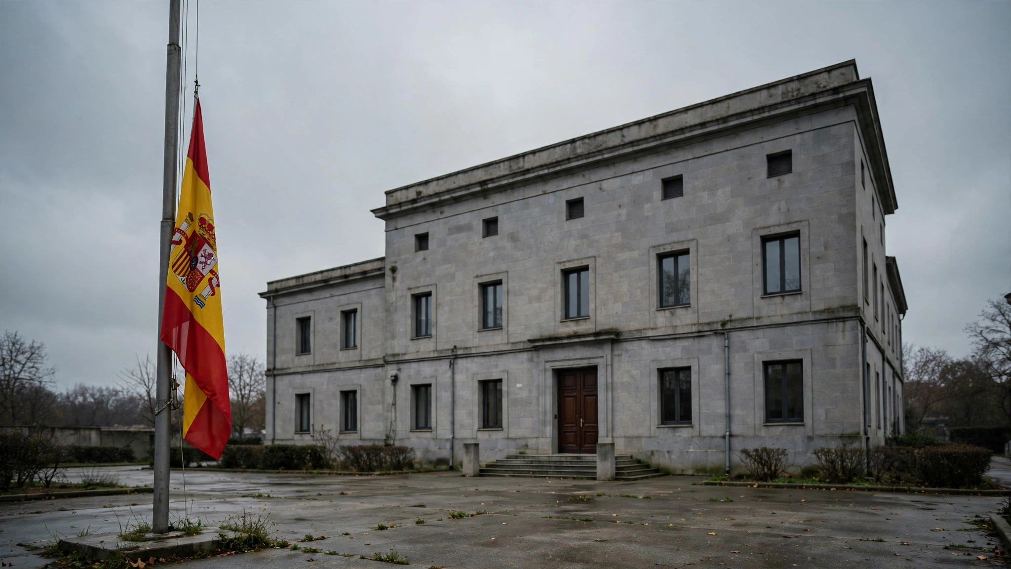 A Spanish flag lowered to half-staff on a pole in front of a stone government building