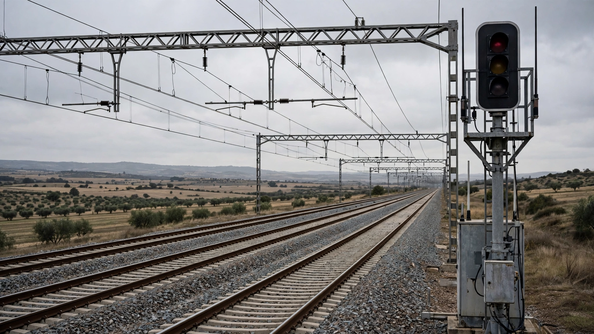 Railway signal and overhead wires above empty high-speed tracks under a grey sky