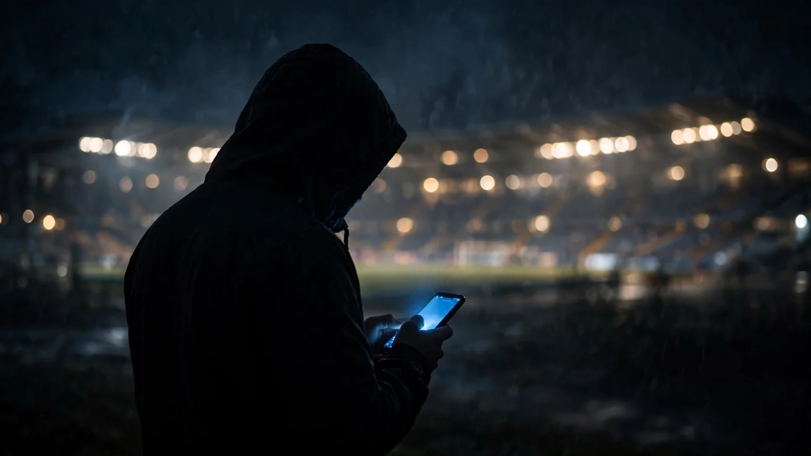 Silhouette of a hooded person looking at a glowing smartphone at night with blurred stadium lights in the background