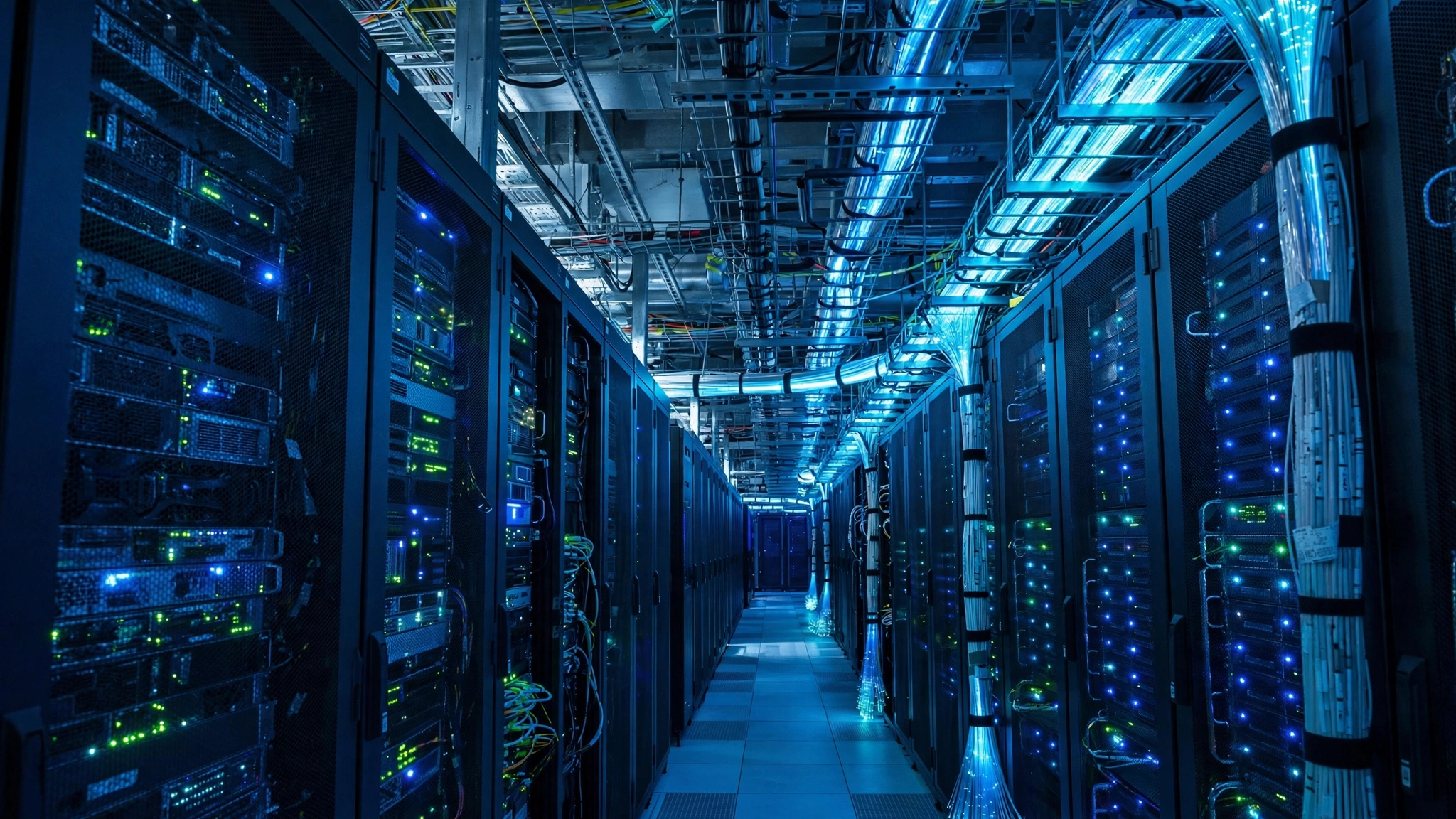 A corridor between server racks with blinking lights and glowing fiber optic cables in a data center.