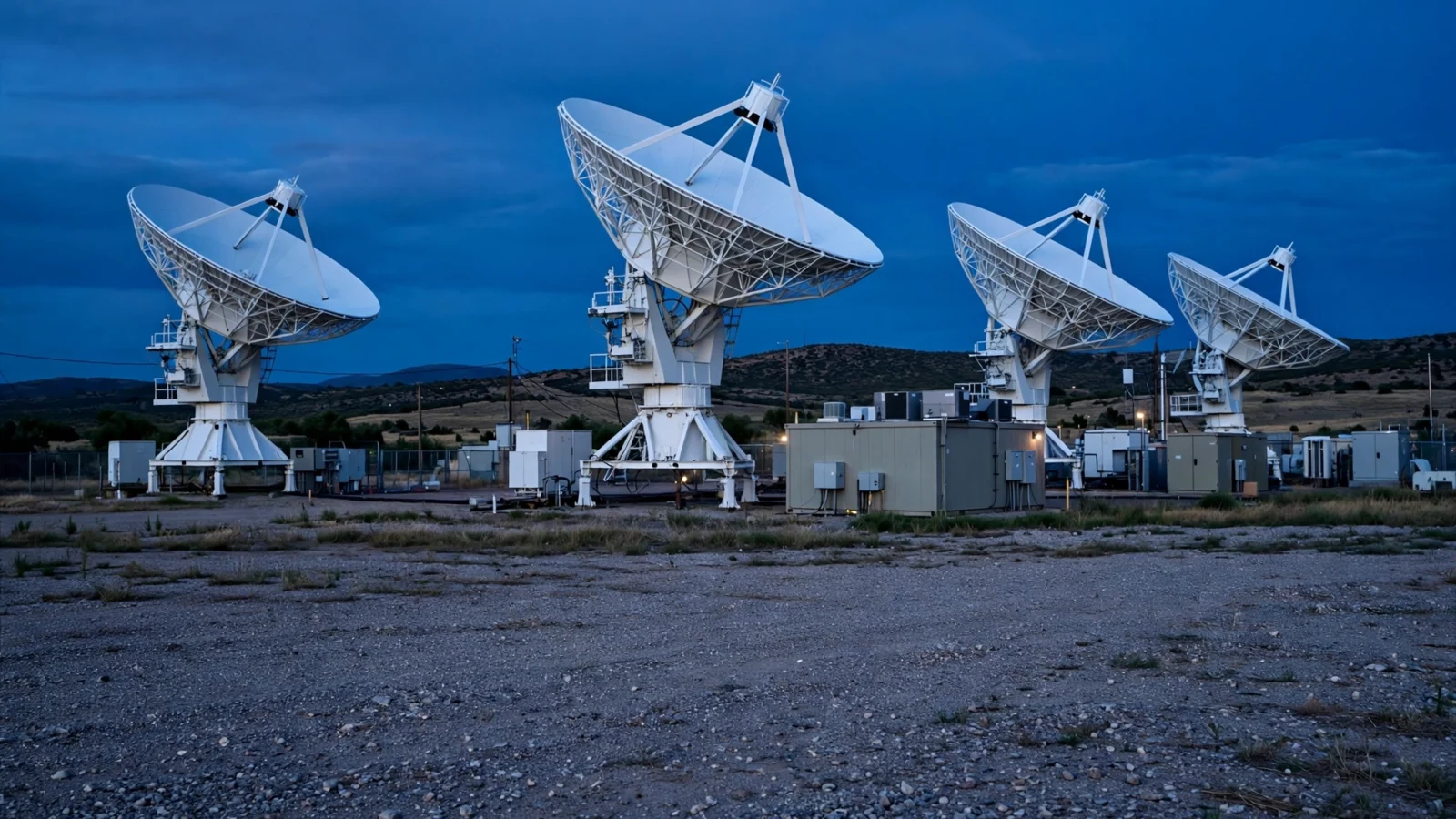 White satellite dish antennas pointed at a deep blue twilight sky at a communications ground station.