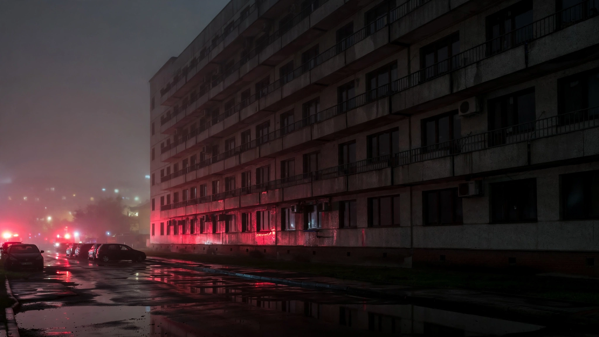 An apartment building at night with red emergency lights reflecting off its facade