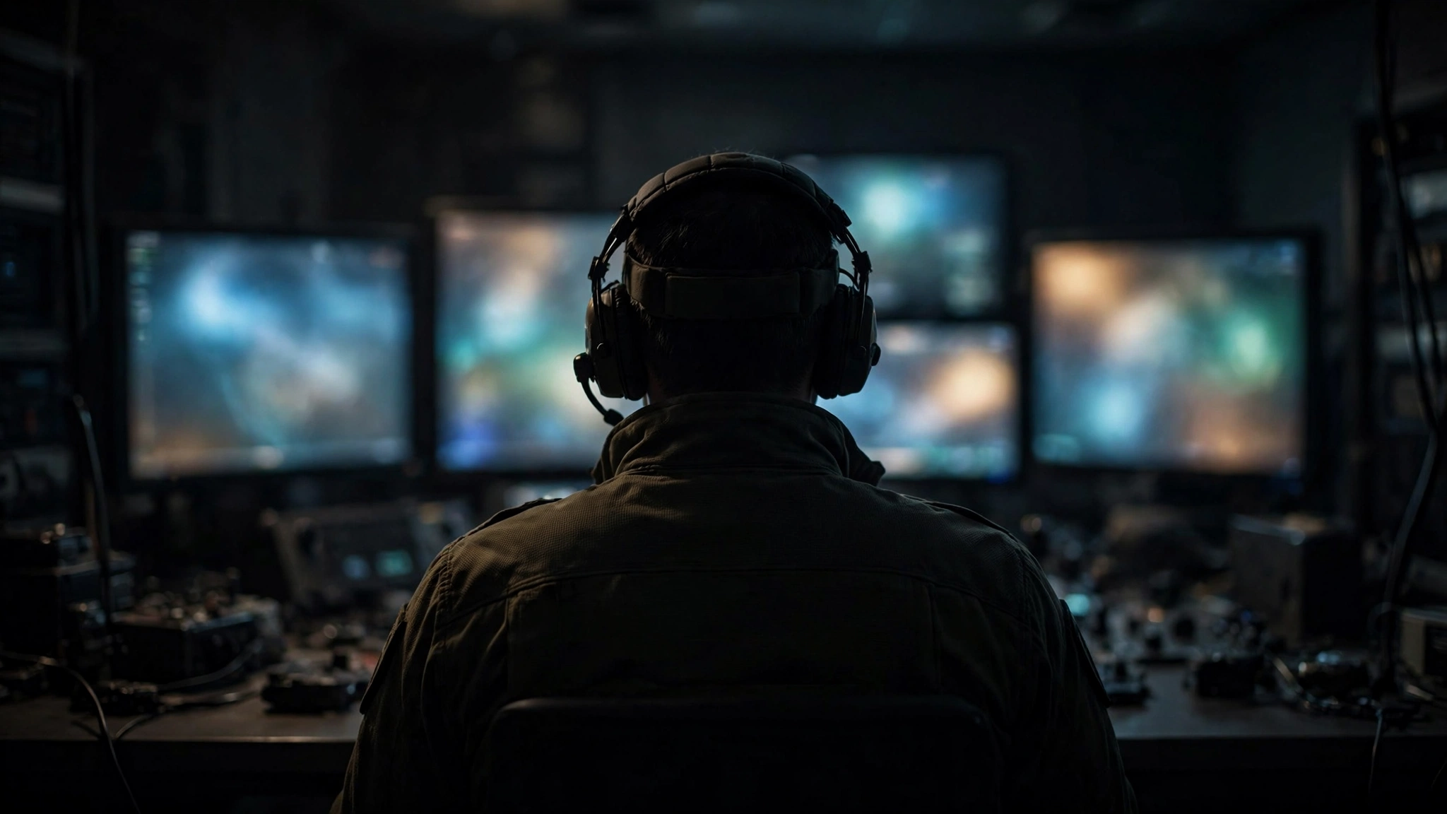An anonymous uniformed communications operator wearing a headset, seen from behind at a dark console with glowing monitors.