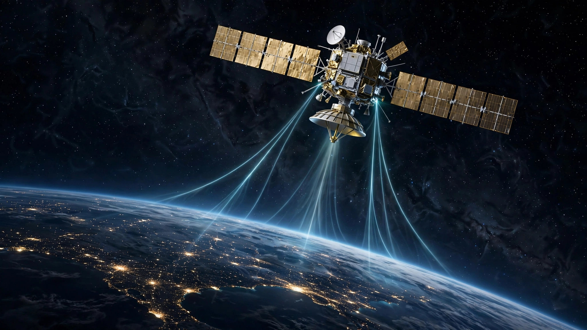 A communications satellite with glowing signal beams above the night side of Earth.