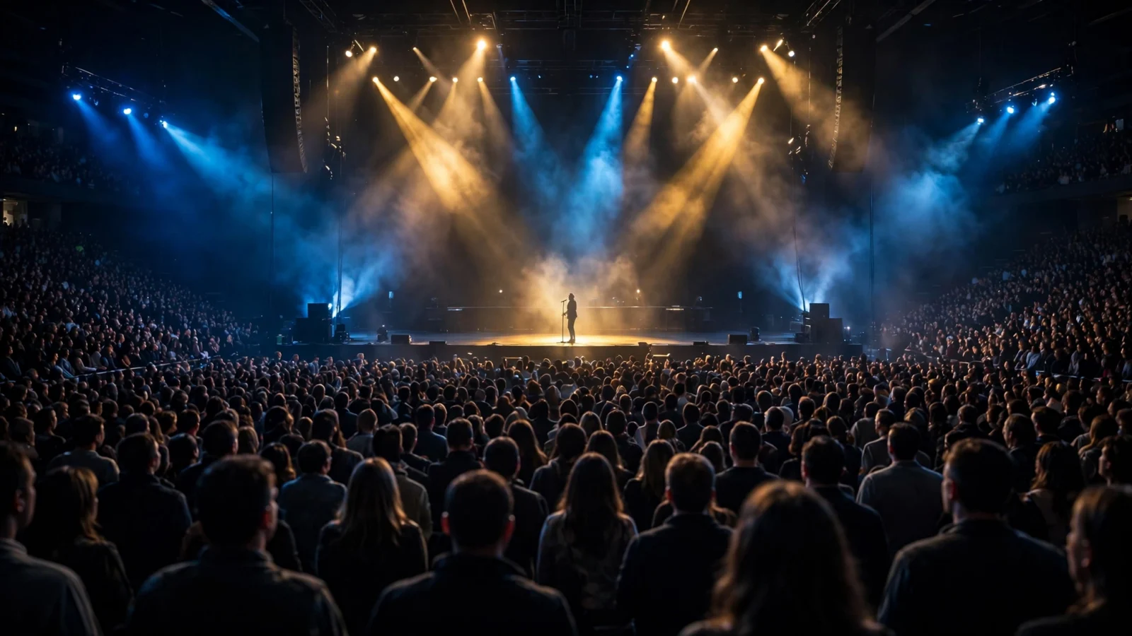A concert arena stage bathed in spotlights with a packed crowd and a singer silhouette at the microphone.