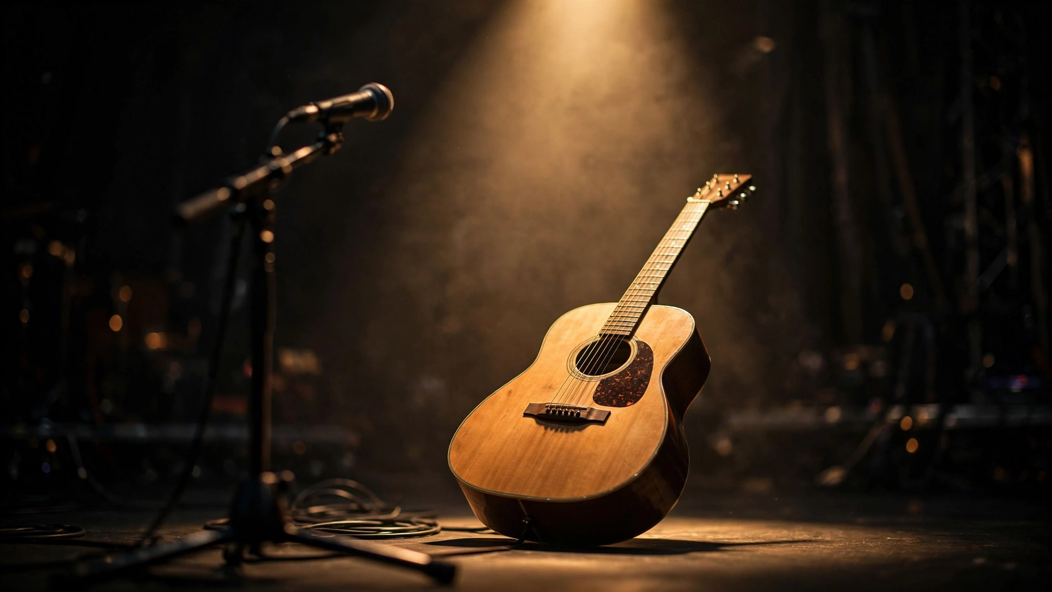 An acoustic guitar under a spotlight on a dark stage.
