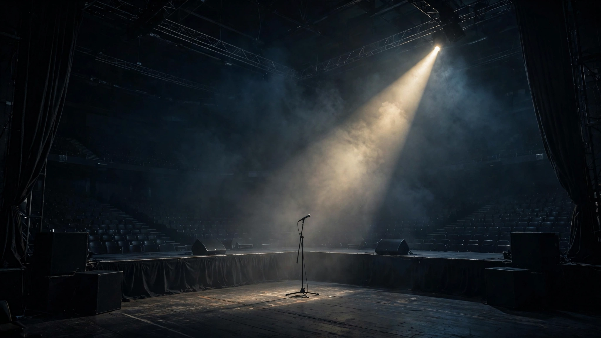 A lone microphone stand under a spotlight on a dark, empty stage.