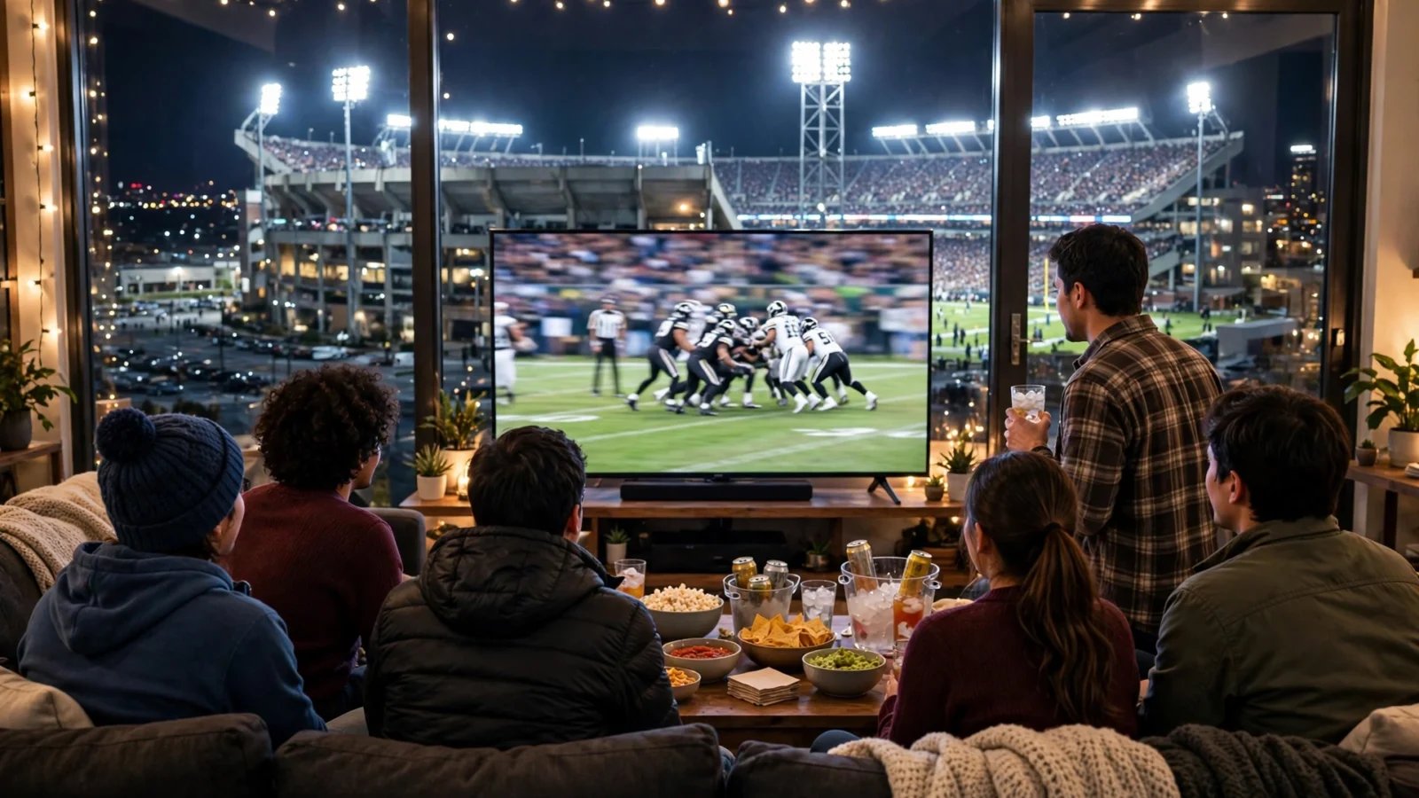 Fans watching an American football game on a large television in a living room with a stadium visible outside at night