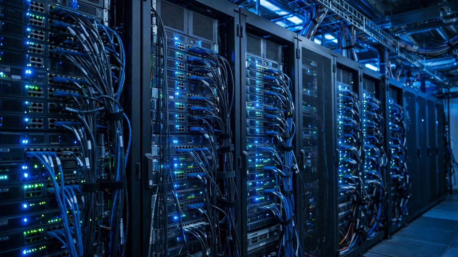 Rows of computer servers with cables and blinking lights inside a data center lit in blue.
