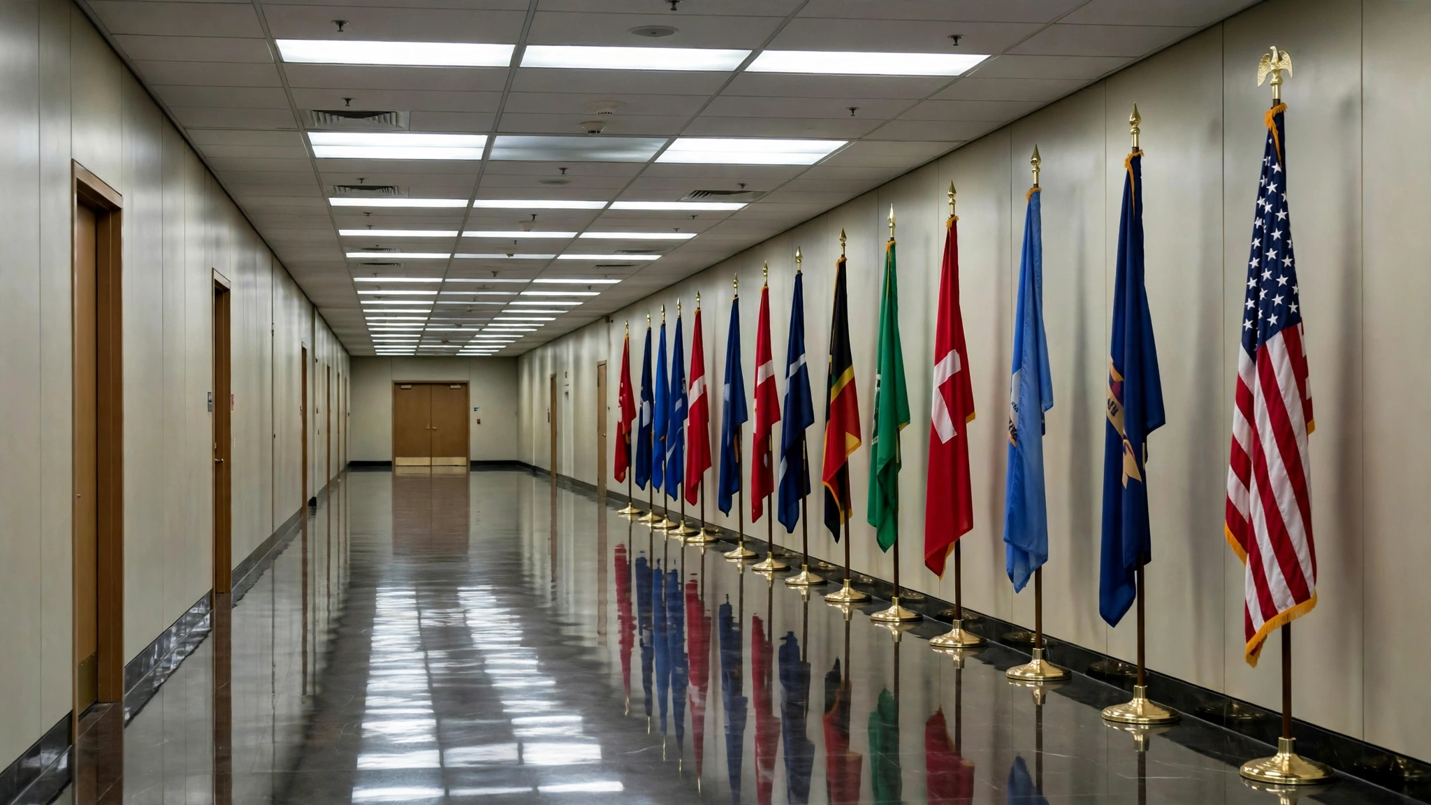 An empty government office corridor lined with flags on stands