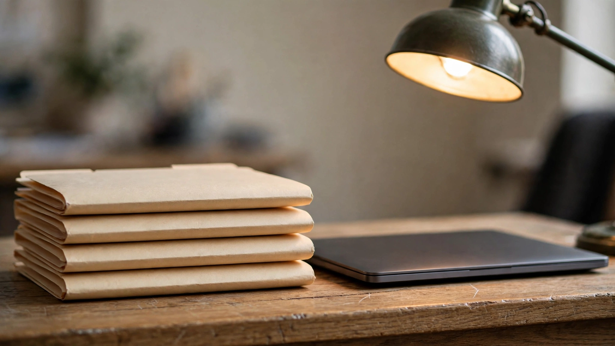 A stack of plain manila folders and a closed laptop on a wooden desk under a lamp