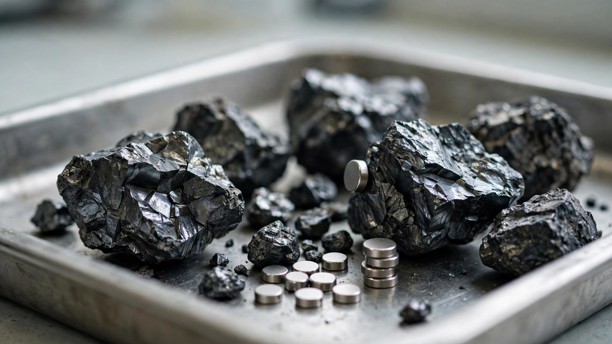 Chunks of dark metallic mineral ore and small disc magnets rest on a laboratory tray.