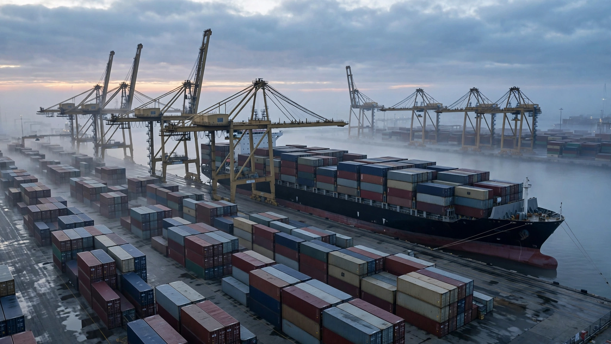 A container cargo ship sits docked at a port beside rows of stacked shipping containers and loading cranes.