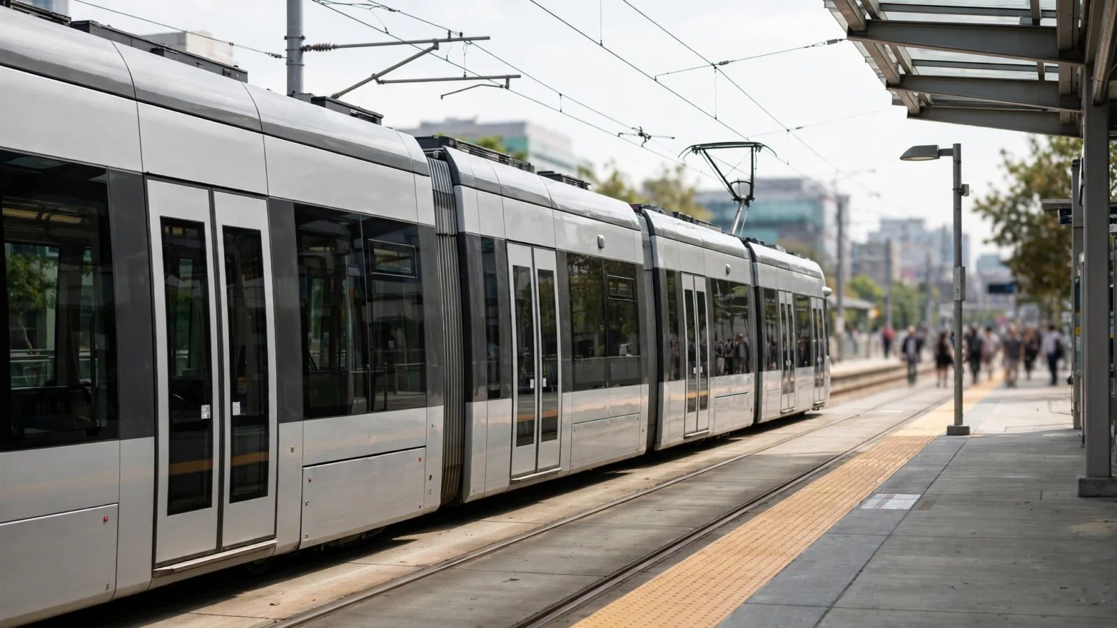 A silver light rail train stopped at an outdoor station platform with passengers walking in the background on a sunny day.