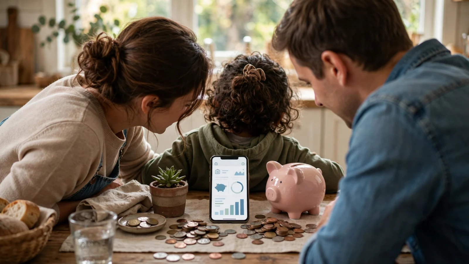 A family with a young child at a kitchen table looking at a smartphone savings app next to a pink piggy bank and scattered coins