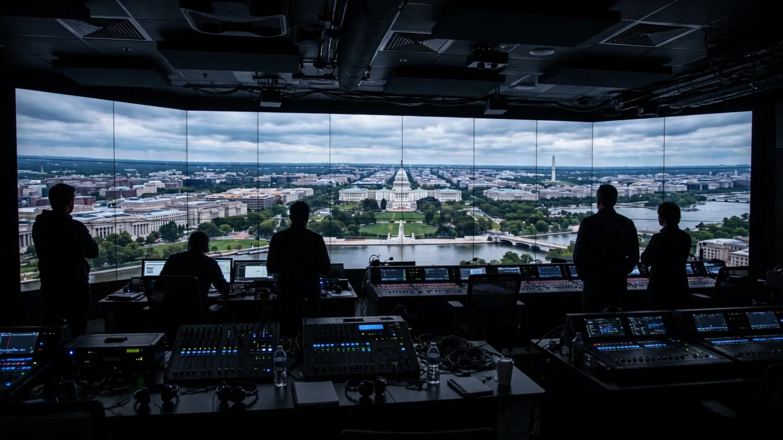 Silhouetted staff in a television control room overlooking the U.S. Capitol and Washington skyline through a large video wall