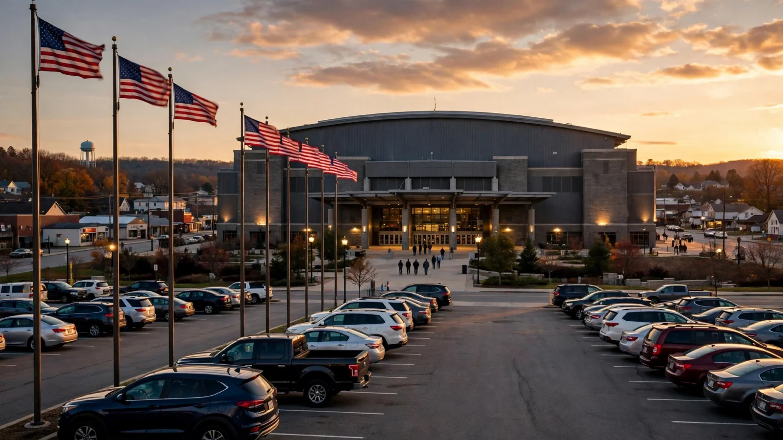 A large indoor arena at dusk with American flags on poles in front and cars parked in front of the building