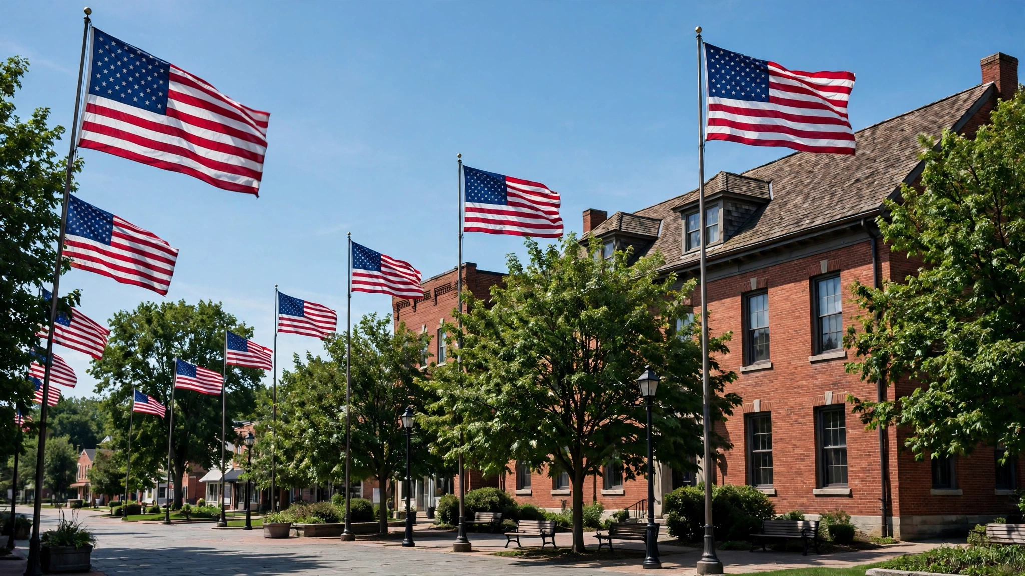 American flags on tall poles waving above a brick building and a paved town square