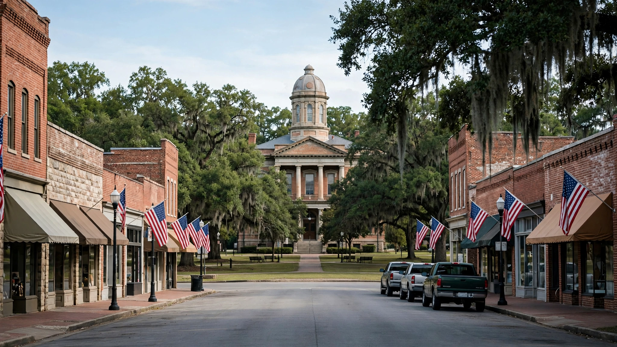 A small-town main street with brick storefronts and American flags leading to a domed courthouse building