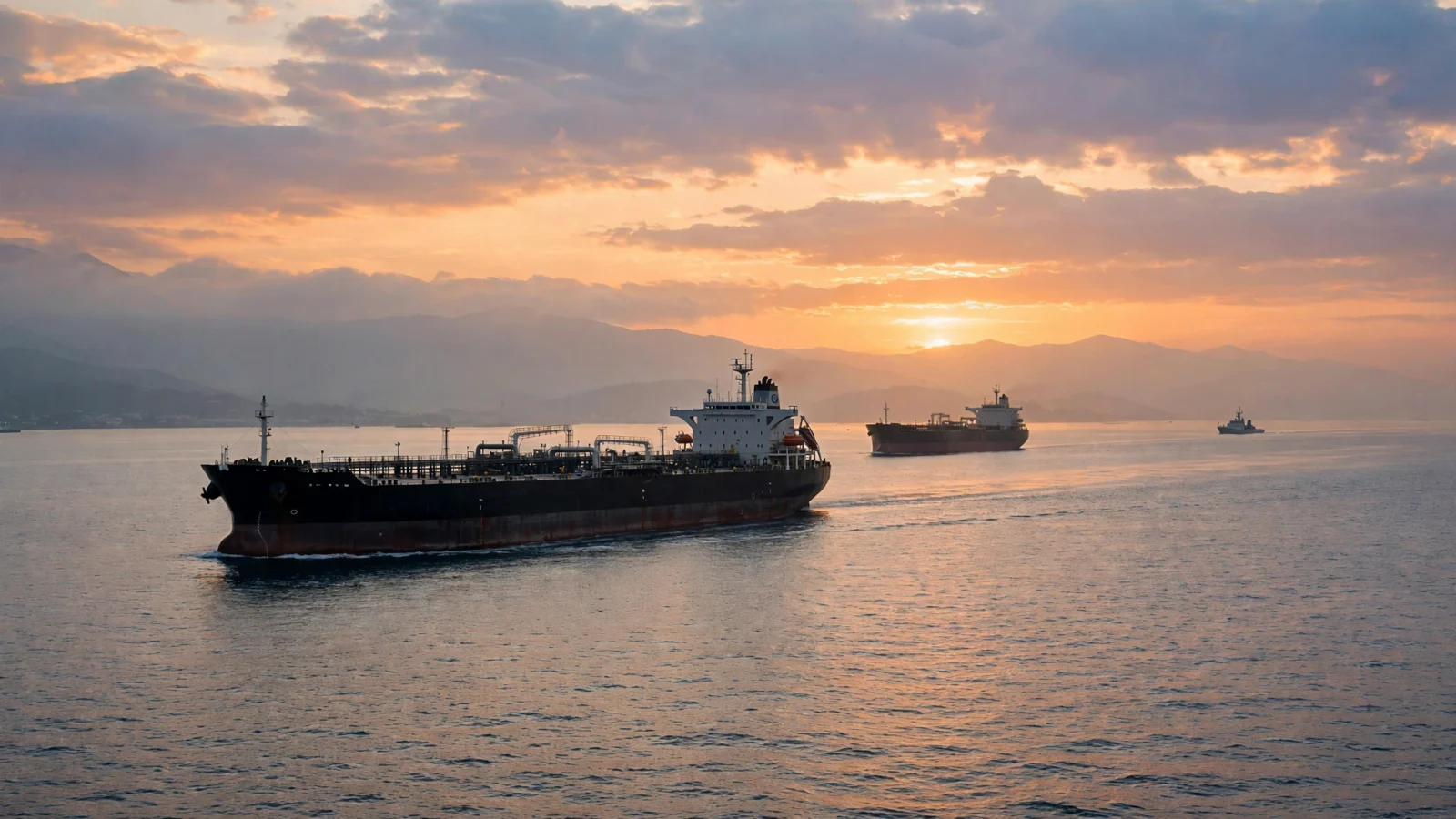 Two large oil tankers sailing on calm water at sunset with hazy mountains in the background and a small vessel in the far distance