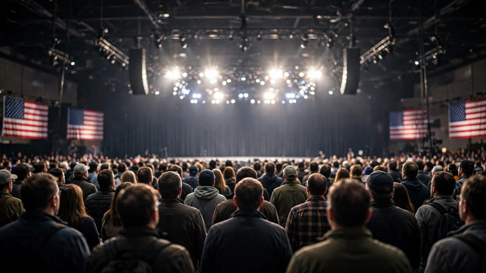 A large indoor rally crowd seen from behind, facing bright stage lights with American flags hanging on both sides of the hall.