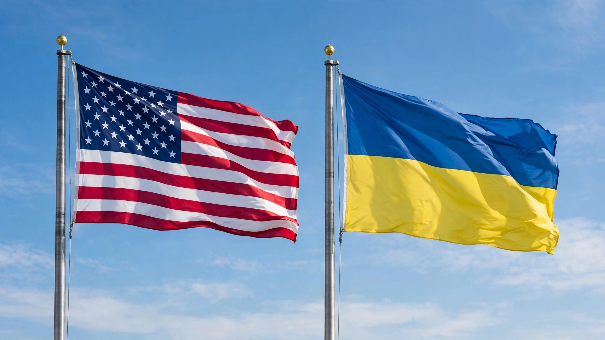 The flags of the United States and Ukraine flying side by side against a blue sky