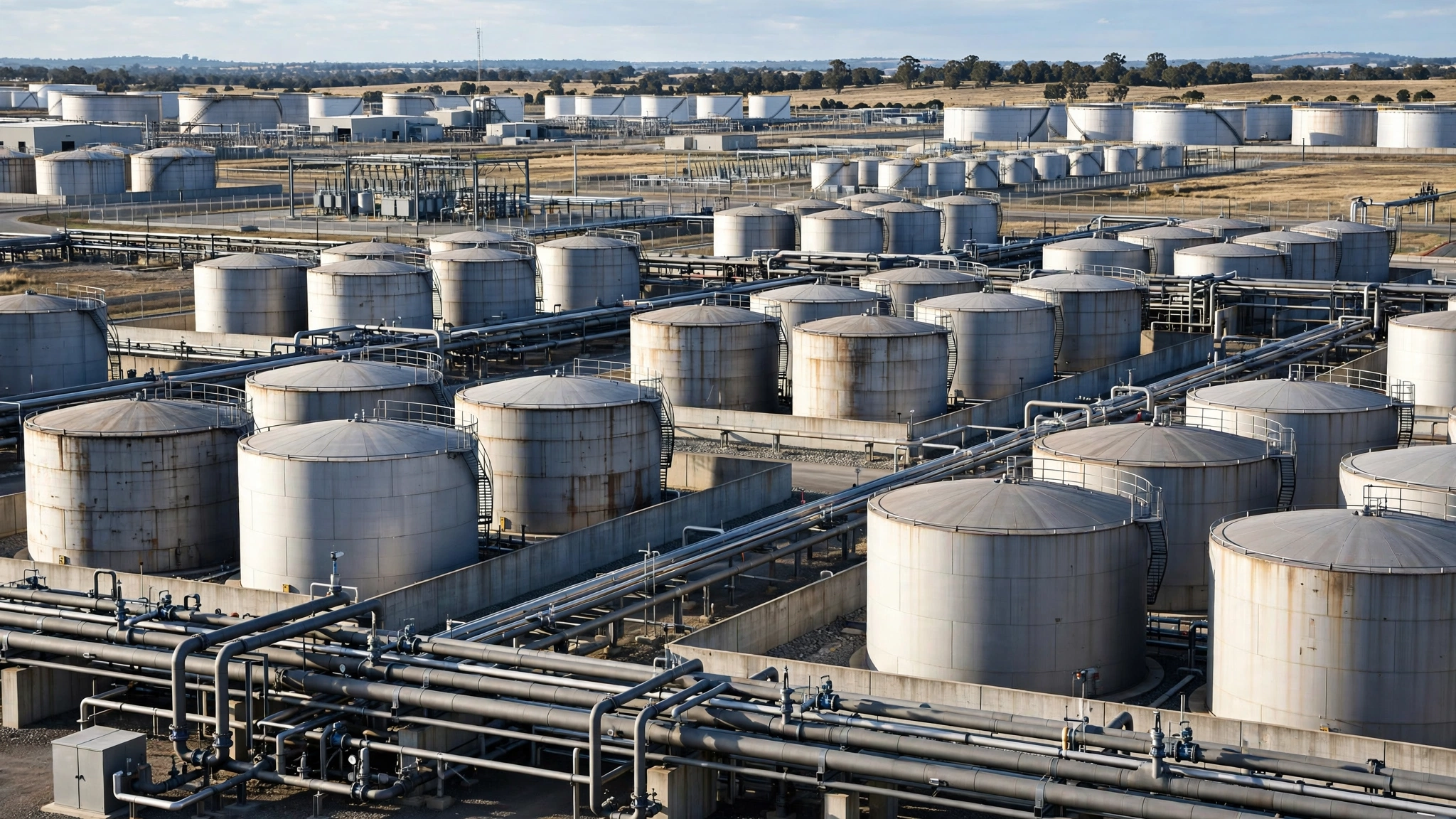 Aerial view of an industrial oil storage terminal with rows of large fuel tanks and pipelines