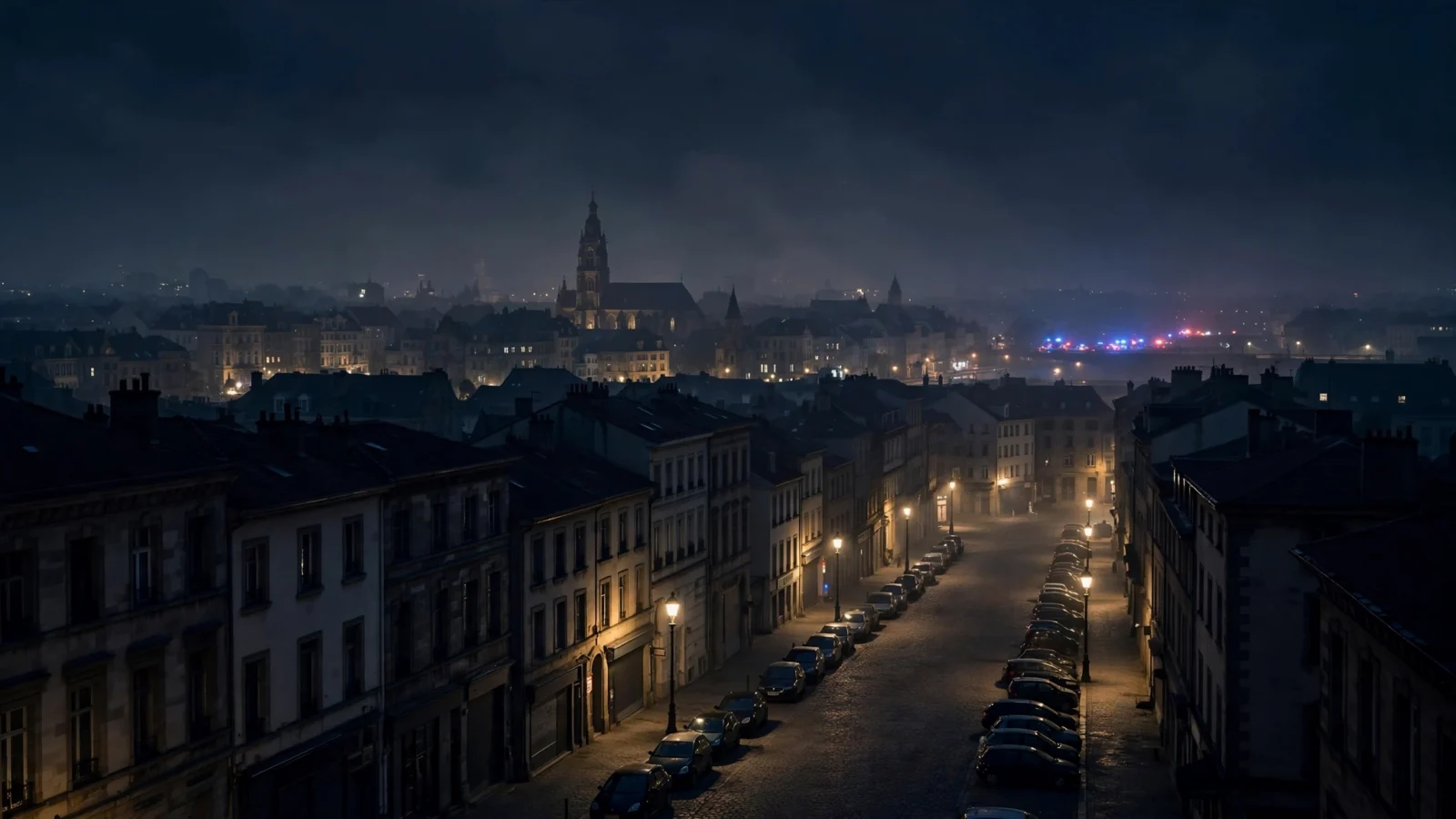 City streets and rooftops at night under a dark, hazy sky with distant emergency lights